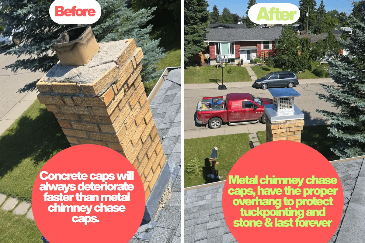 Before and after replacing a concrete chimney cap with a custom metal cap