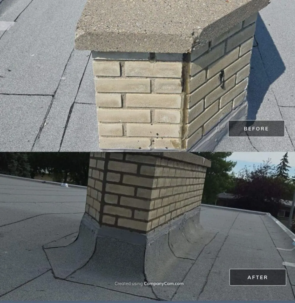Before and after chimney repointing showing deteriorated mortar joints repaired, Calgary