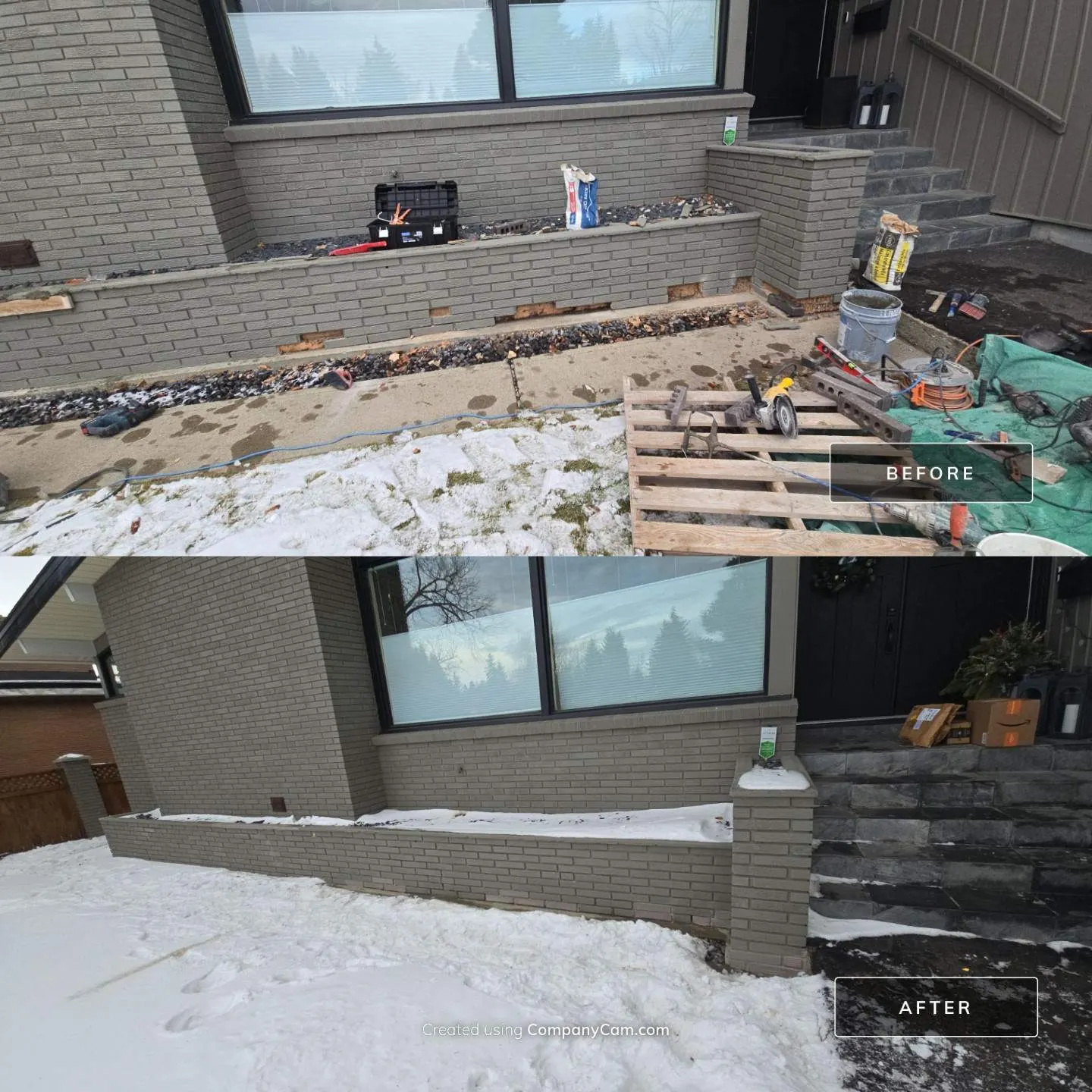 Before and after brick repair with matched mortar colour completed on a Calgary home