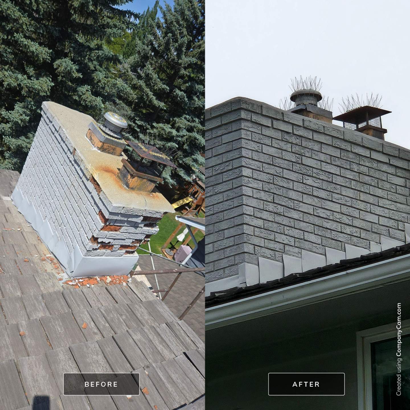 Before and after brick repair and refinishing completed at Lake Placid Close SE in Calgary