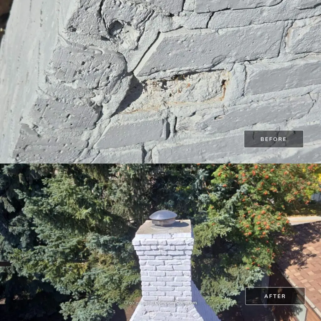 Brick Chimney Tuckpointing Before & After completed by Martini Stone Masonry in Calgary and surrounding Alberta communities.