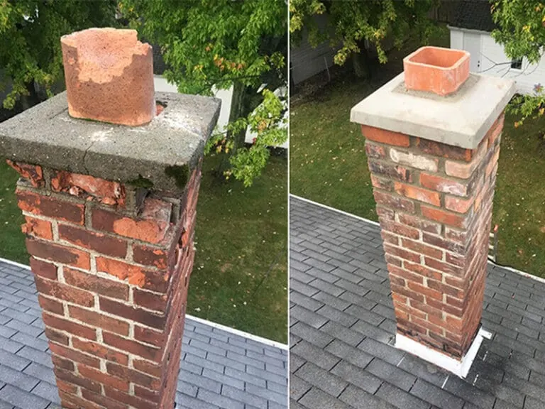 Chimney Brick Repair Before & After completed by Martini Stone Masonry in Calgary and surrounding Alberta communities.