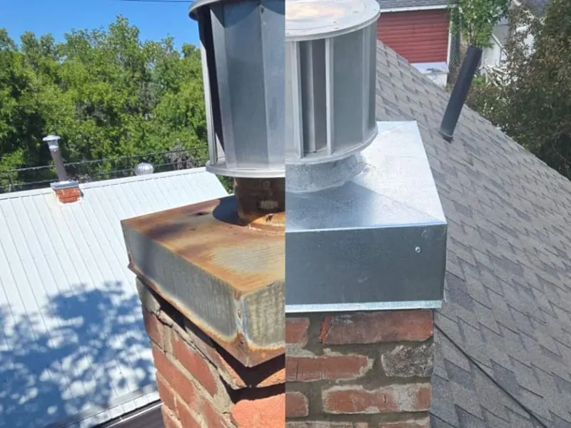 Before and after rusted chimney cap replacement on a residential brick chimney in Calgary