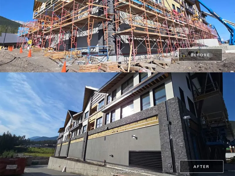 Before and after commercial stone veneer installation on a large Alberta building