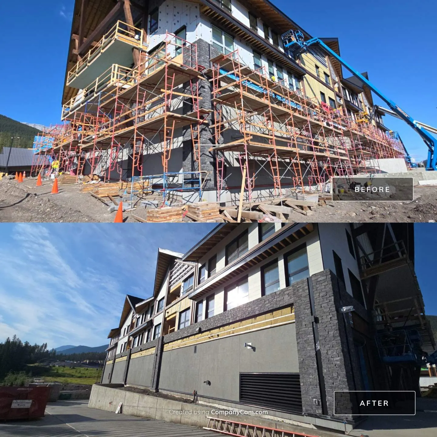 Before and after commercial stucco over cement boards in Canmore