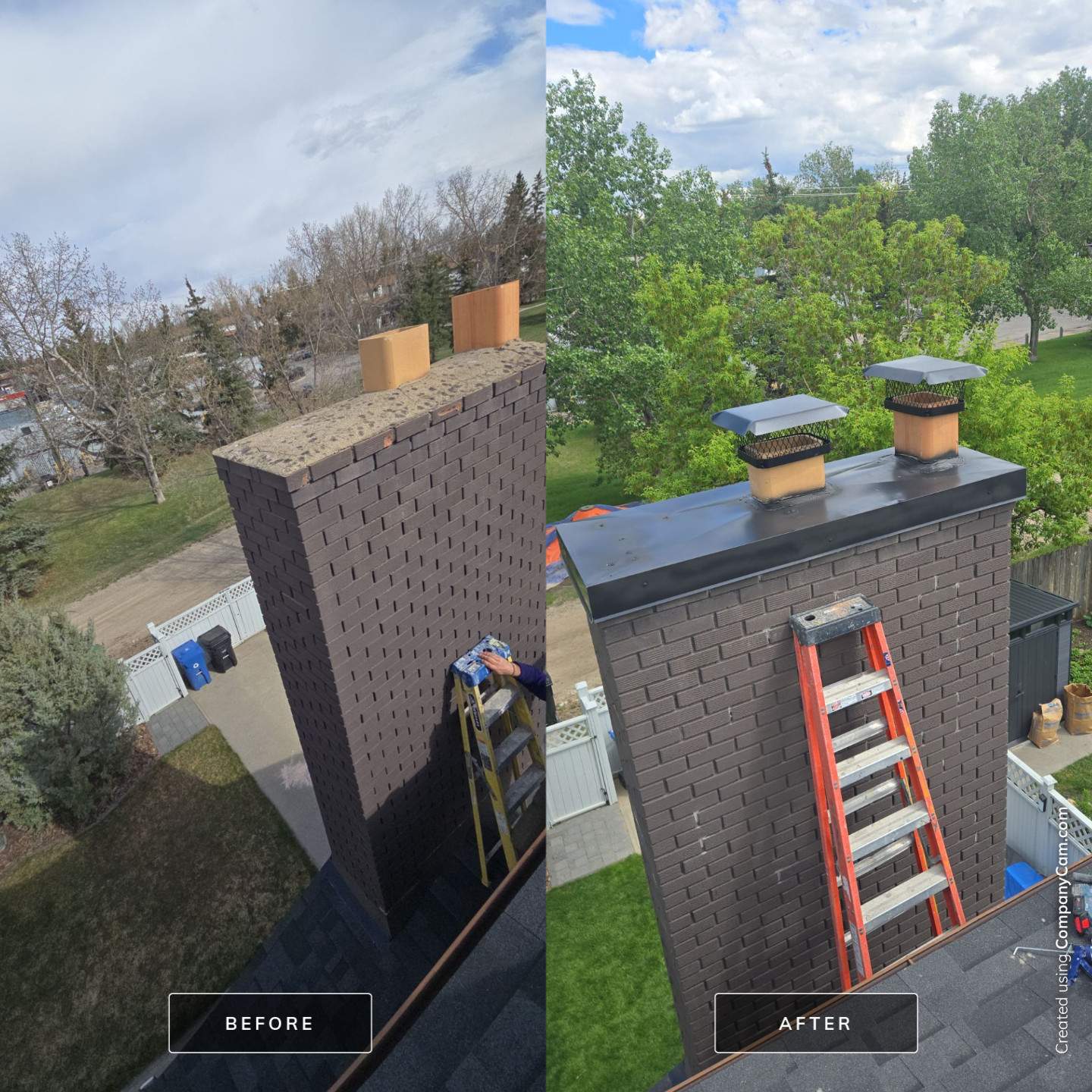 Before and after black custom metal chimney cap replacement in Calgary