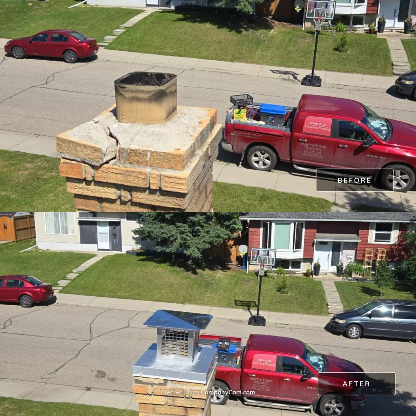 Custom metal chimney cap installed over a damaged chimney crown in Calgary