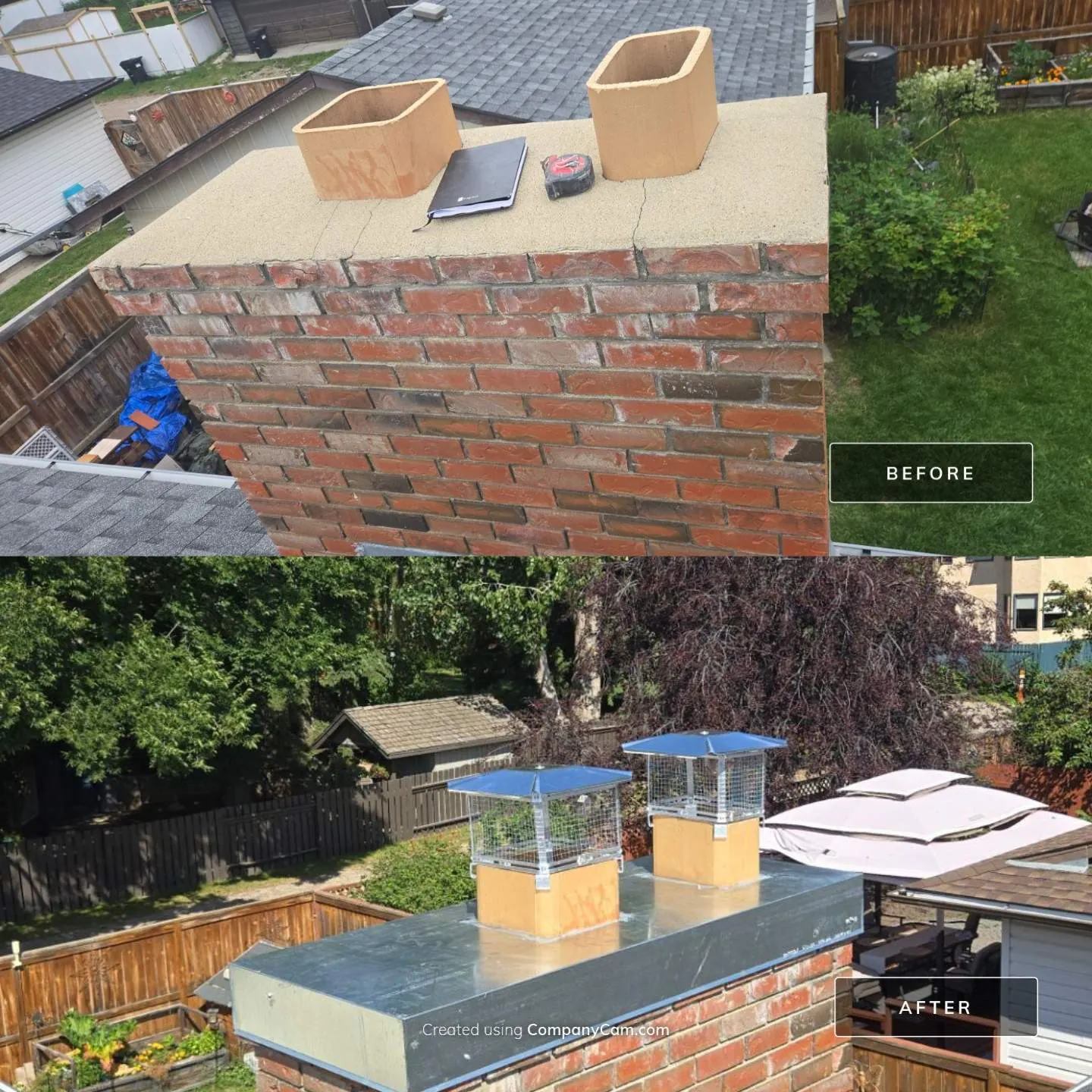 Before and after custom metal chimney cap installation on a dual-flue chimney in Calgary
