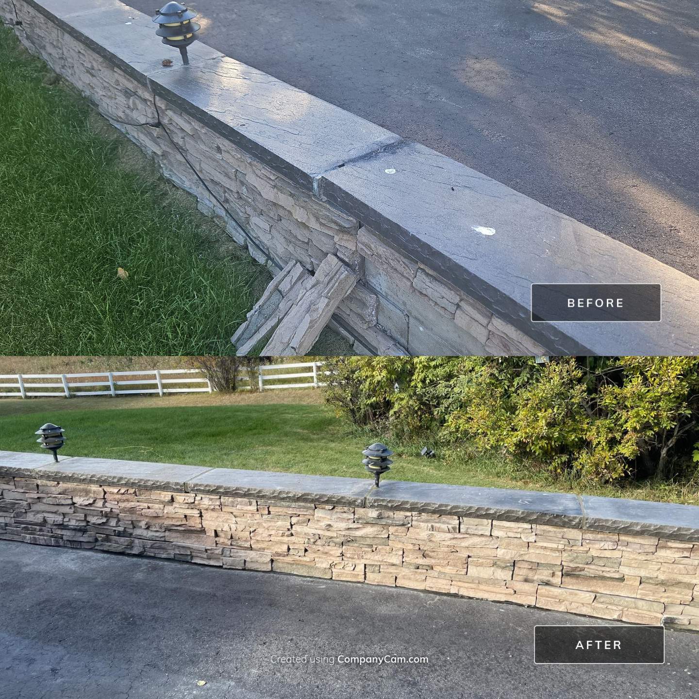 Before and after retaining wall brick repair on Westbluff Road
