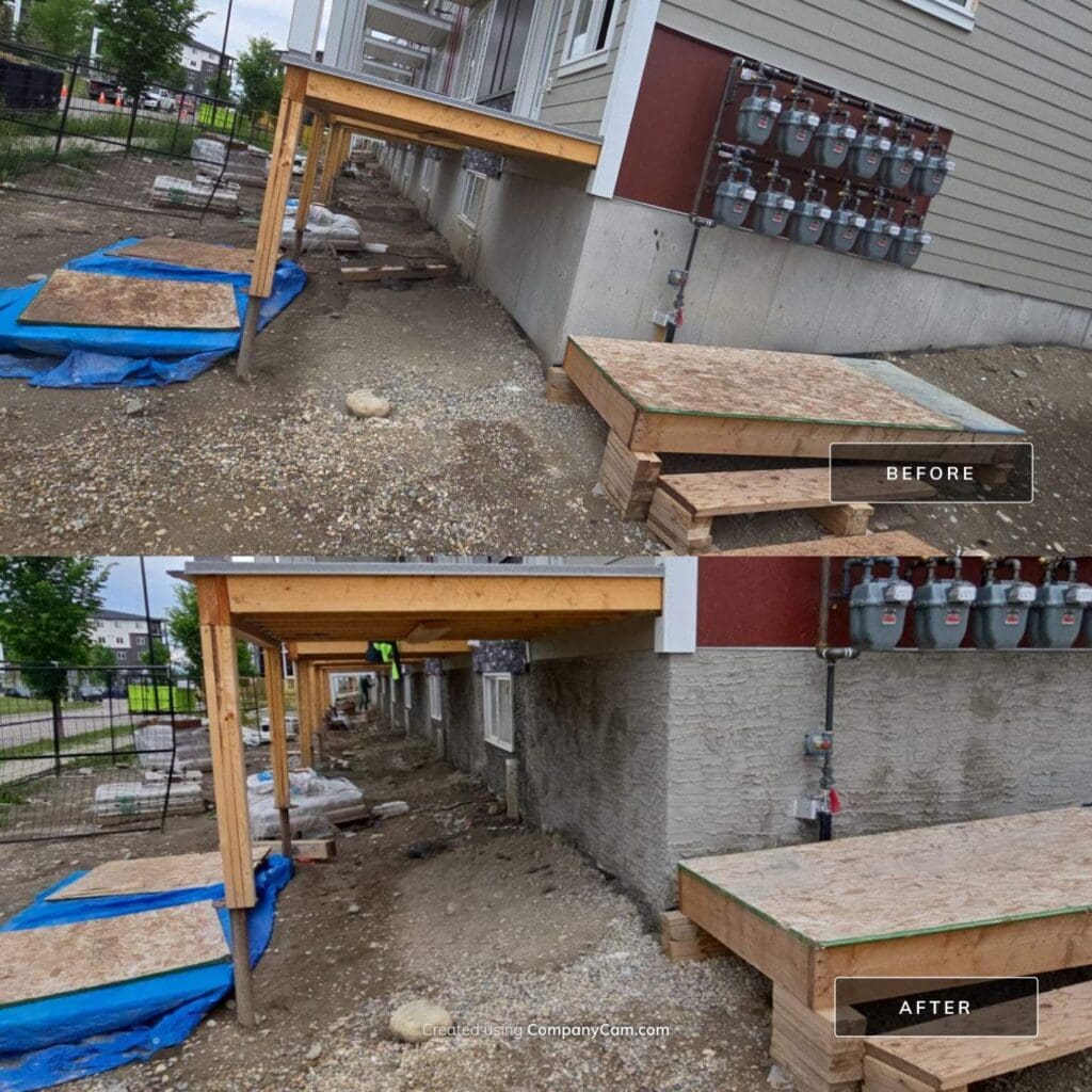 before and after photo. Before photo showing bare bone foundation after photo showing new textured parging application in 118 Clydesdale Way Cochrane AB