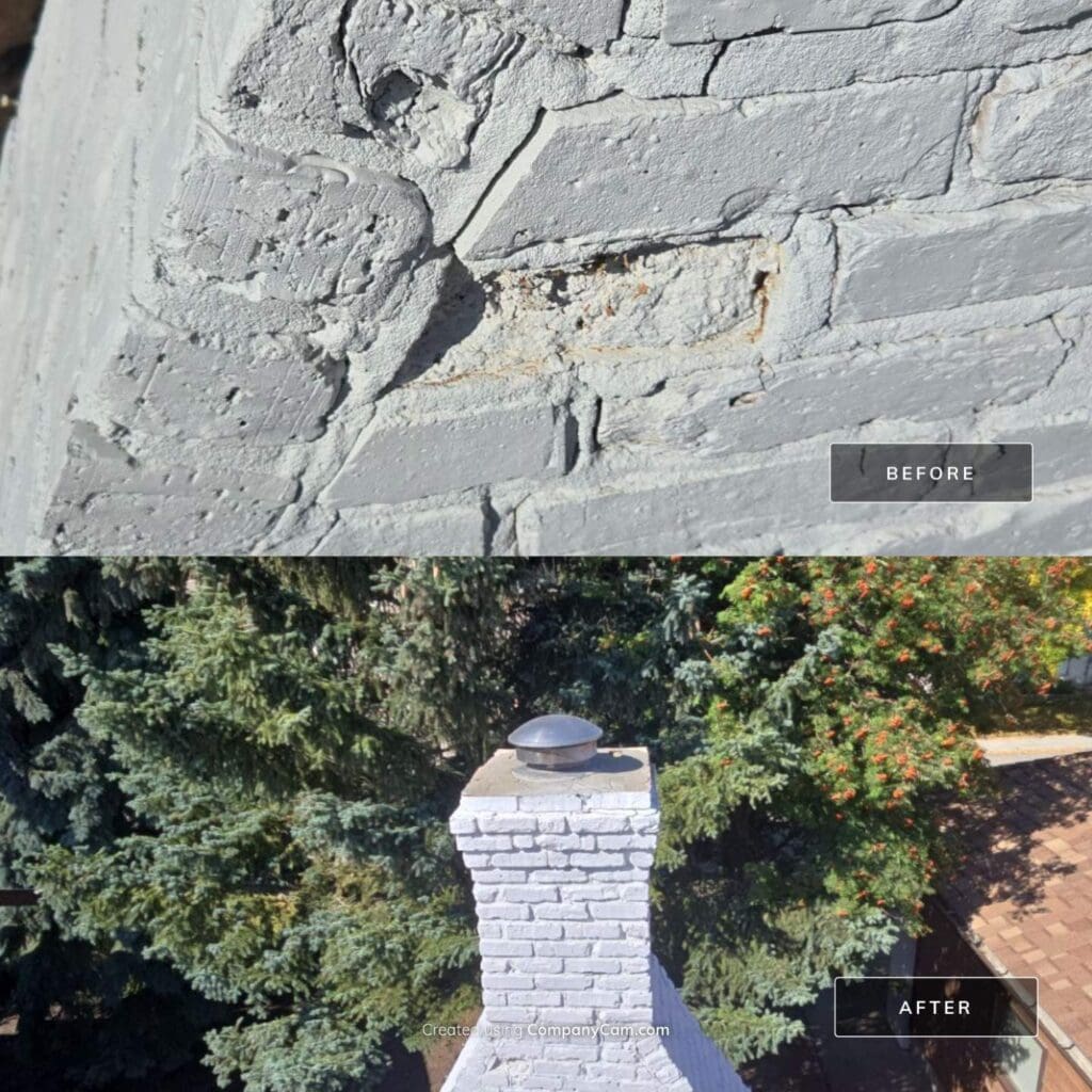 brick-repair-tuckpointing-calgary-chimney-before-after Before and after brick repair and tuckpointing on a Calgary chimney — crumbling mortar joints restored with Type S mortar by Martini Stone Masonry