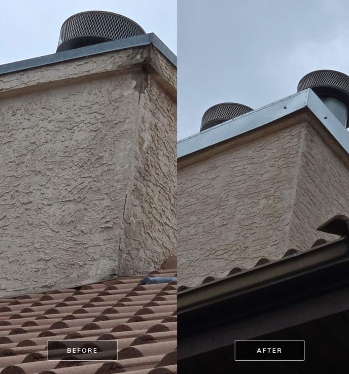 Before and after photos of stucco crack repair on Calgary home chimney showing vertical cracking fixed by professional restoration