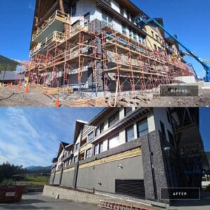 stucco over cement boards commercial project in 360 Cascade Dr Canmore before and after photo