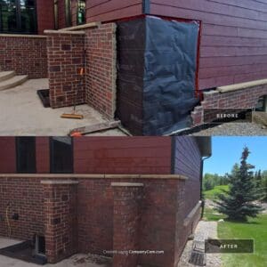 Before and after red brick repair on a rural acreage at 30015 Township Road 262, Rocky View County — repointing and mortar restoration by Martini Stone Masonry