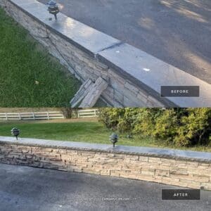 Alt text: Before and after retaining wall brick repair at 243059 Westbluff Road Springbank — brick and mortar restoration by Martini Stone Masonry