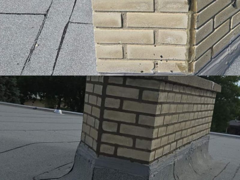 Before and after chimney tuckpointing and roof flashing repair in Calgary.