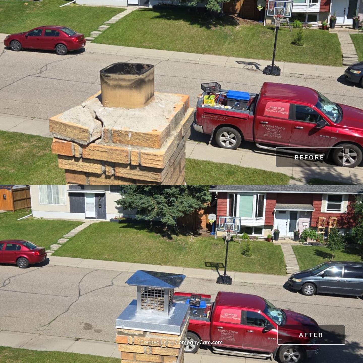 Custom metal chimney cap installed over a damaged chimney crown in Calgary.