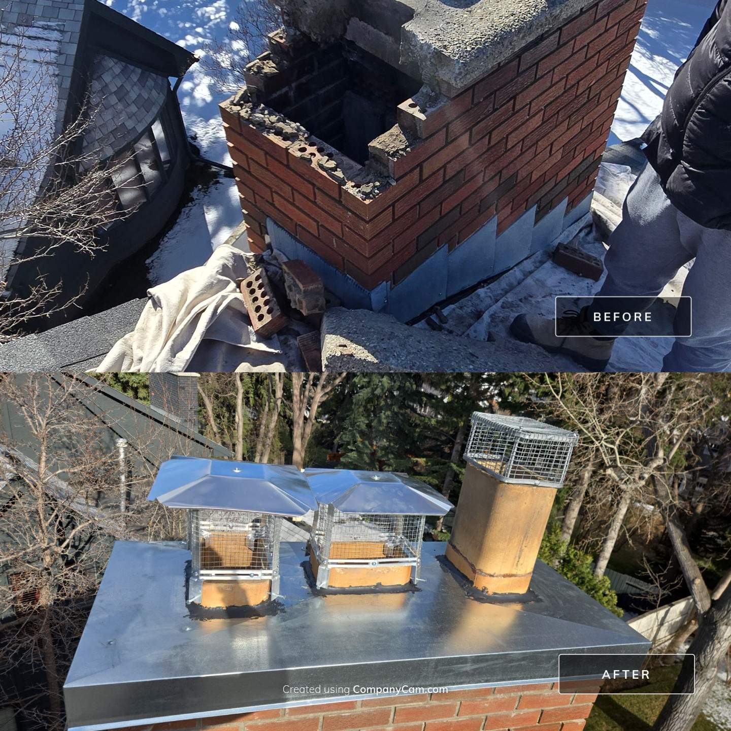 Partial brick chimney rebuild with a custom metal cap in Calgary.