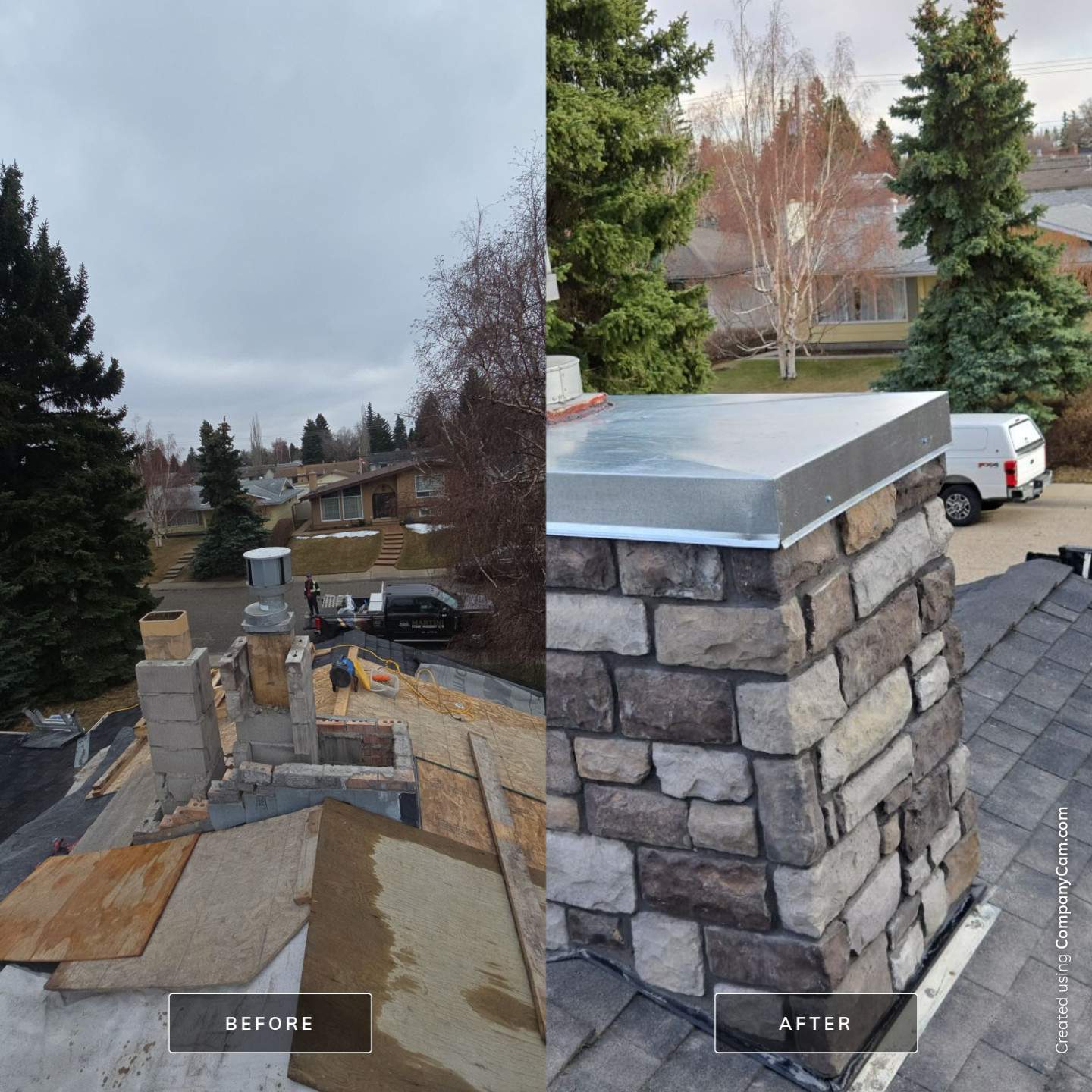 Before and after complete stone chimney rebuild above the roofline in Calgary.